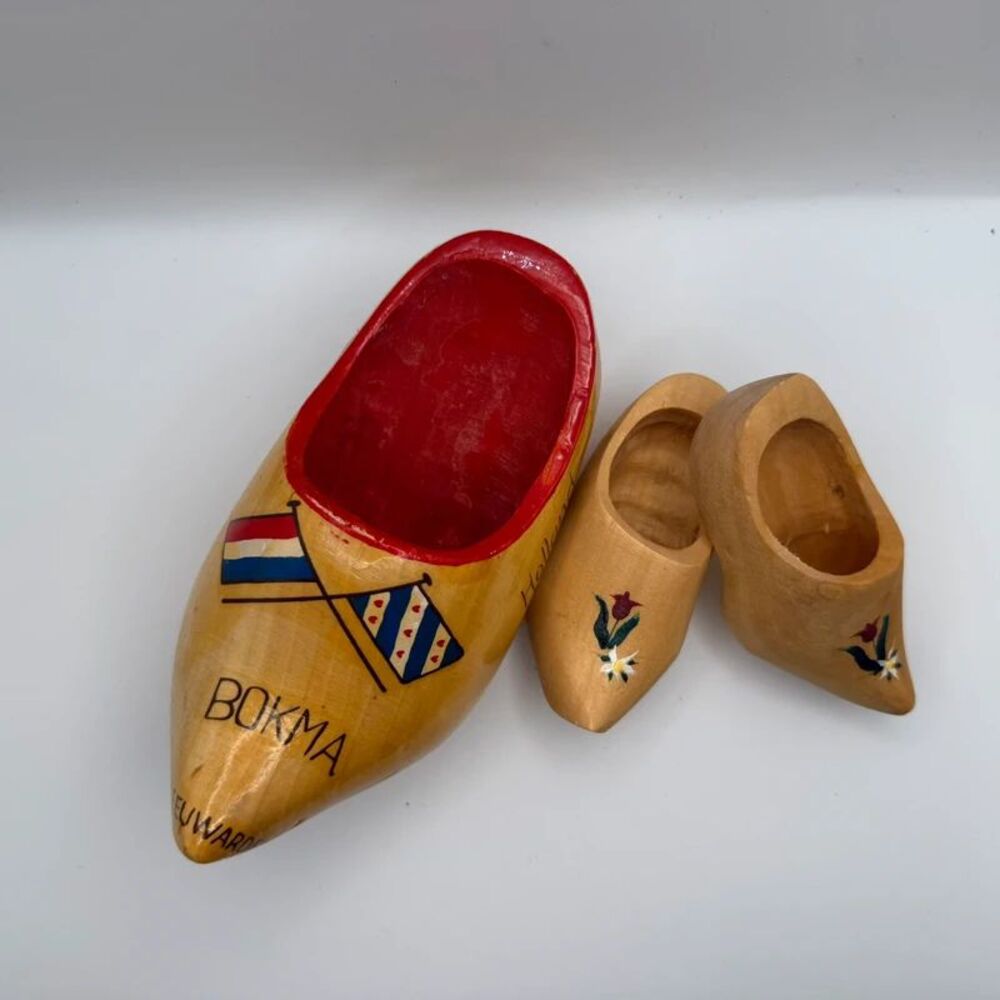 Vintage Dutch Wooden Clogs Lot Bokma Leeuwarden Holland Souvenir Shoes Set of 3